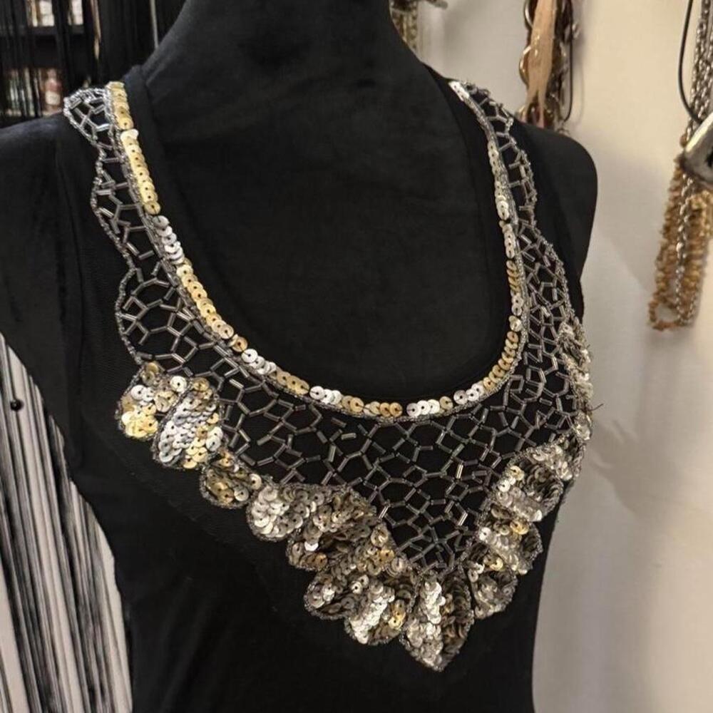 Y2K forever 21 black sequin long tank top with silver and gold sequin embellishm